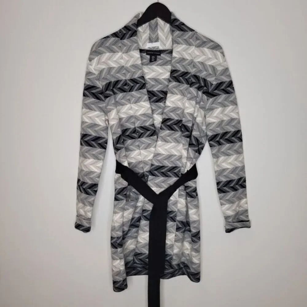 Adrienne Vittadini Women Sweater Open Front Size L‎ Pockets Black White Grey